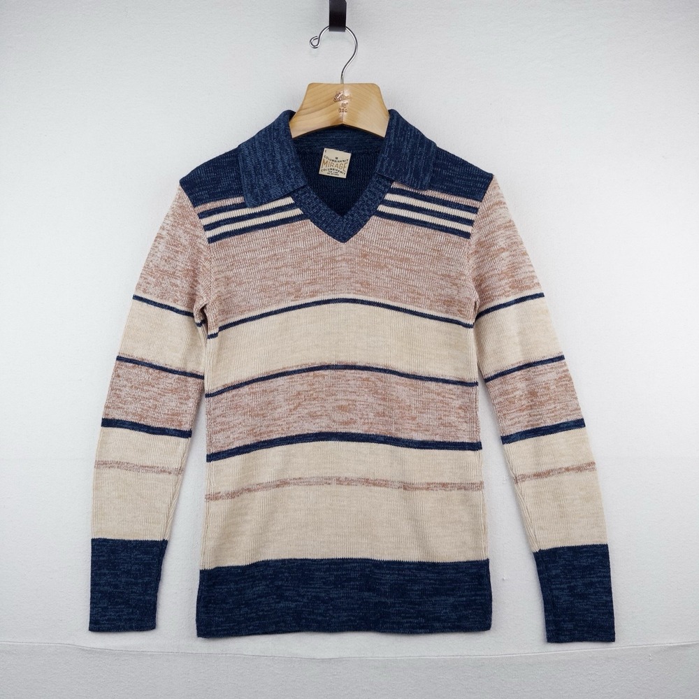 70's Vtg Columbiaknit Johnny Collar V Neck Sweater Mens Medium Cream Blue Stripe